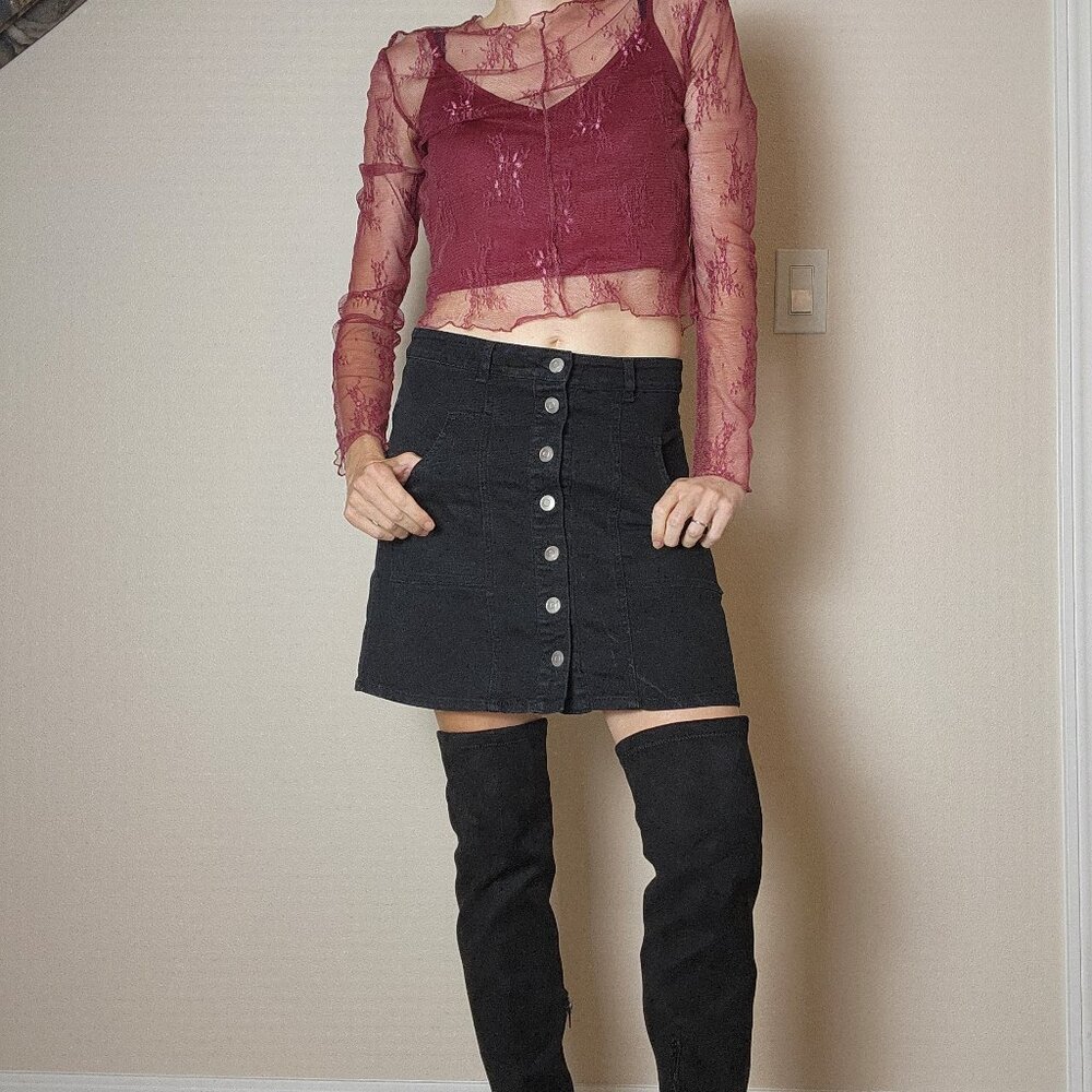 Y2K Altar'd State Womens Black Cotton Mini Skirt Size Small Button Front Pockets